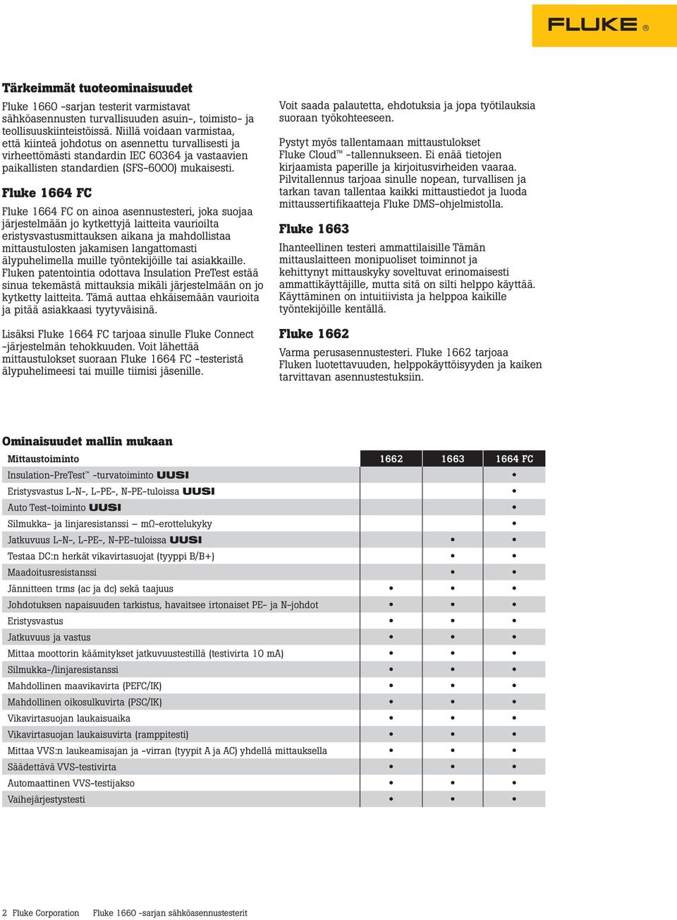 Fluke 1664 FC Fluke 1664 FC on ainoa asennustesteri, joka suojaa järjestelmään jo kytkettyjä laitteita vaurioilta eristysvastusmittauksen aikana ja mahdollistaa mittaustulosten jakamisen