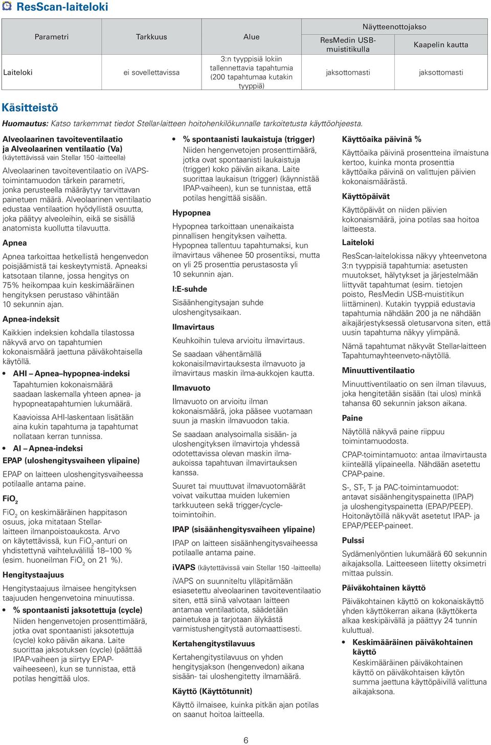 Alveolaarinen tavoiteventilaatio ja Alveolaarinen ventilaatio (Va) (käytettävissä vain Stellar 150 -laitteella) Alveolaarinen tavoiteventilaatio on ivastoimintamuodon tärkein parametri, jonka