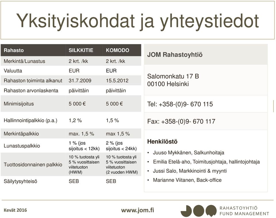 1,5 % max 1,5 % Lunastuspalkkio Tuottosidonnainen palkkio 1 % (jos sijoitus < 12kk) 10 % tuotosta yli 5 % vuosittaisen viitetuoton (HWM) Säilytysyhteisö SEB SEB 2 % (jos sijoitus < 24kk) 10 %