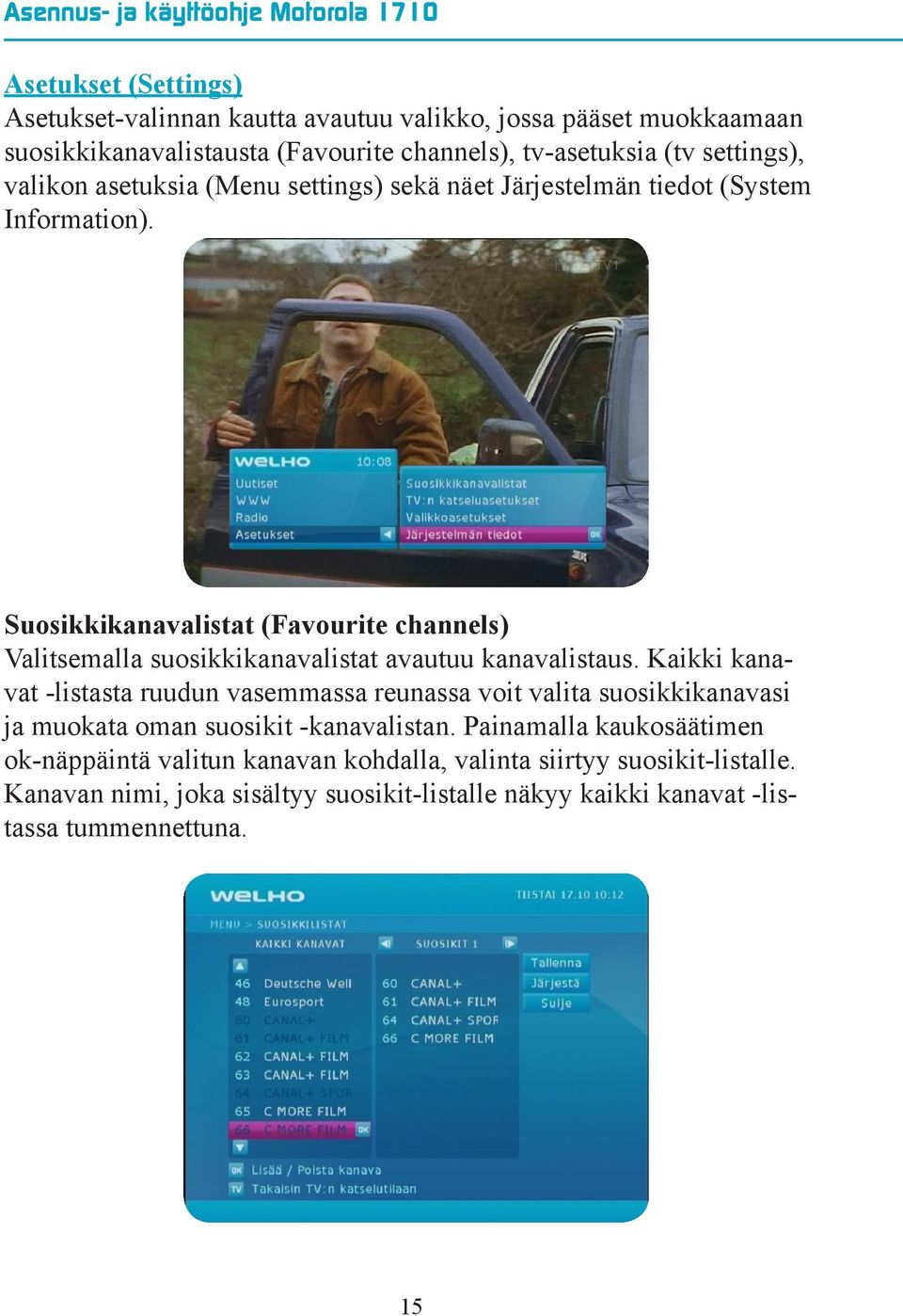 Suosikkikanavalistat (Favourite channels) Valitsemalla suosikkikanavalistat avautuu kanavalistaus.