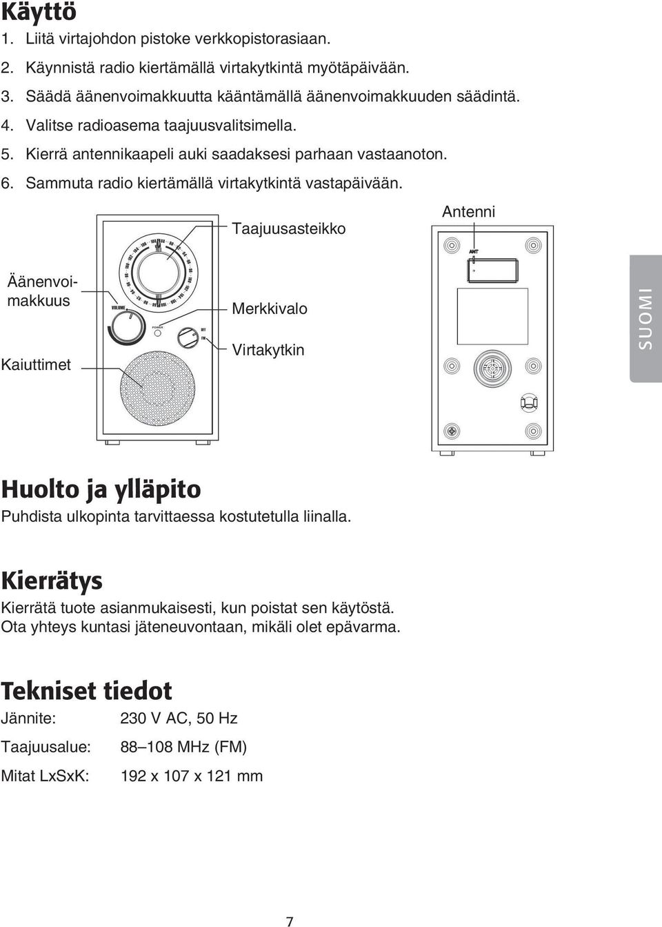 Taajuusasteikko Antenni Äänenvoimakkuus Kaiuttimet Merkkivalo Virtakytkin SUOMI Huolto ja ylläpito Puhdista ulkopinta tarvittaessa kostutetulla liinalla.