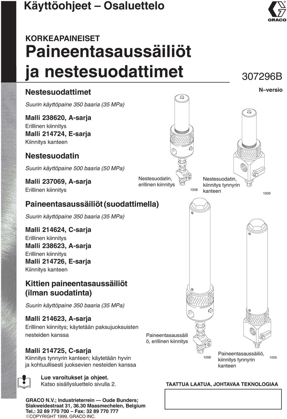 009 Paineentasaussäiliöt (suodattimella) Suurin käyttöpaine 0 baaria ( MPa) Malli, C-sarja Erillinen kiinnitys Malli 8, A-sarja Erillinen kiinnitys Malli 7, E-sarja Kiinnitys kanteen Kittien