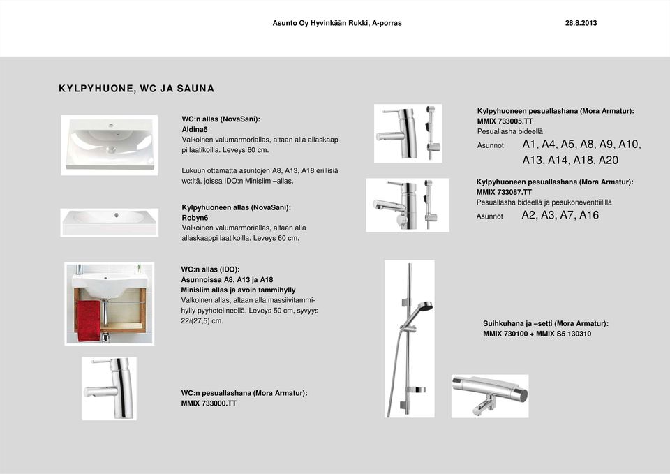 Leveys 60 cm. Kylpyhuoneen pesuallashana (Mora Armatur): MMIX 733005.TT Pesuallasha bideellä A1, A4, A5, A8, A9, A10, A13, A14, A18, A20 Kylpyhuoneen pesuallashana (Mora Armatur): MMIX 733087.