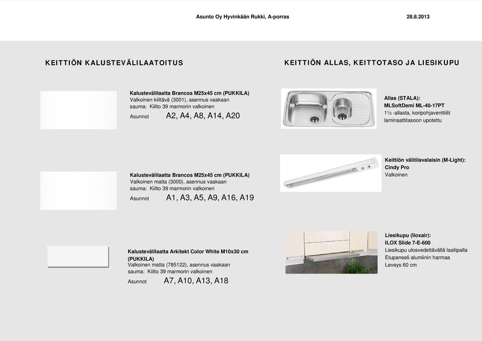 (3000), asennus vaakaan A1, A3, A5, A9, A16, A19 Keittiön välitilavalaisin (M-Light): Cindy Pro Valkoinen Kalustevälilaatta Arkitekt Color White M10x30 cm (PUKKILA)