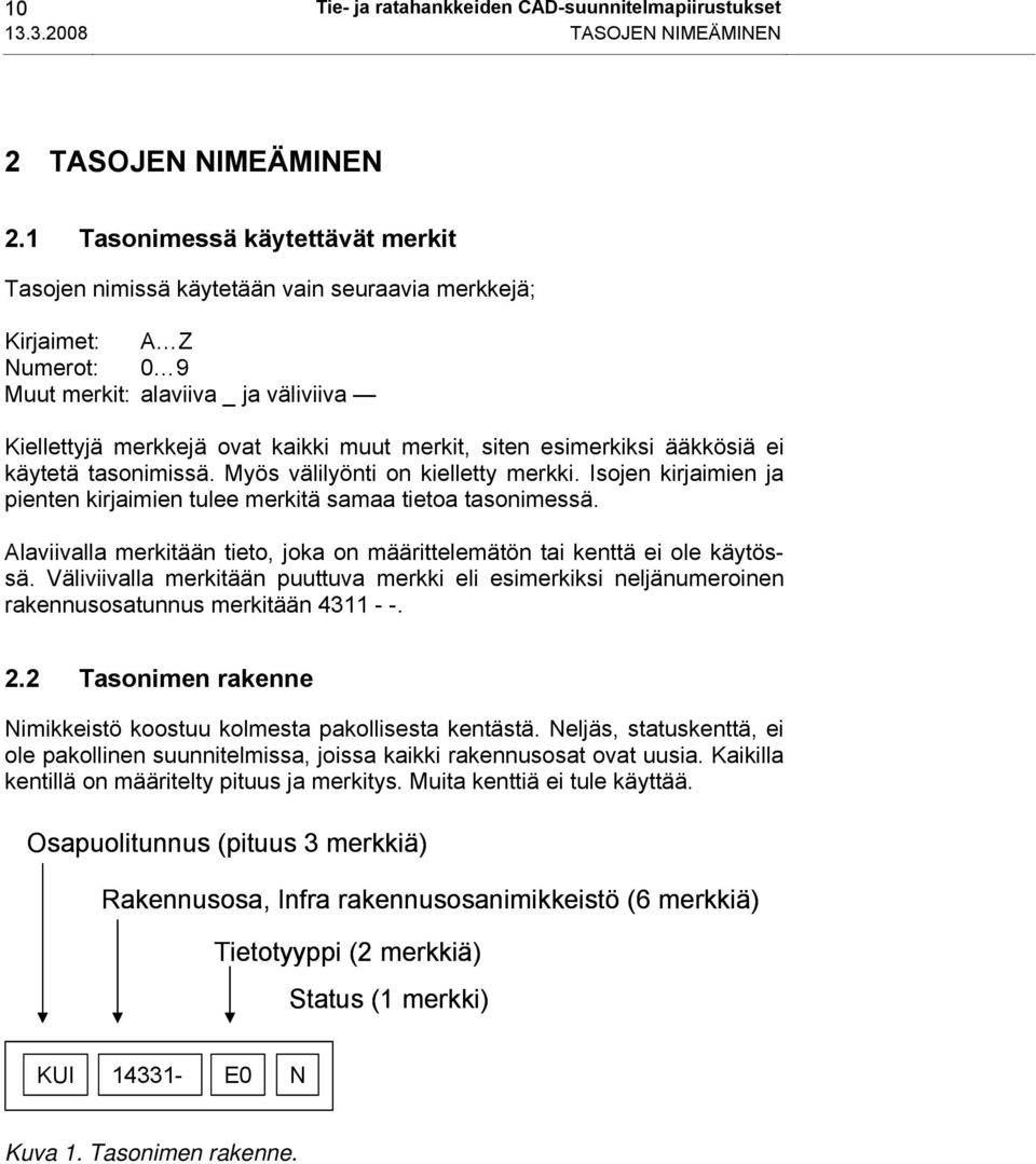 siten esimerkiksi ääkkösiä ei käytetä tasonimissä. Myös välilyönti on kielletty merkki. Isojen kirjaimien ja pienten kirjaimien tulee merkitä samaa tietoa tasonimessä.