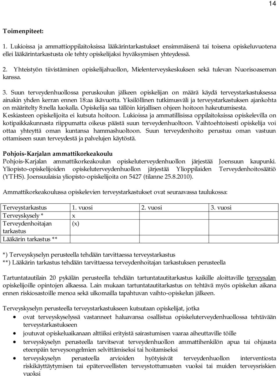 Suun terveydenhuollossa peruskoulun jälkeen opiskelijan on määrä käydä terveystarkastuksessa ainakin yhden kerran ennen 18:aa ikävuotta.