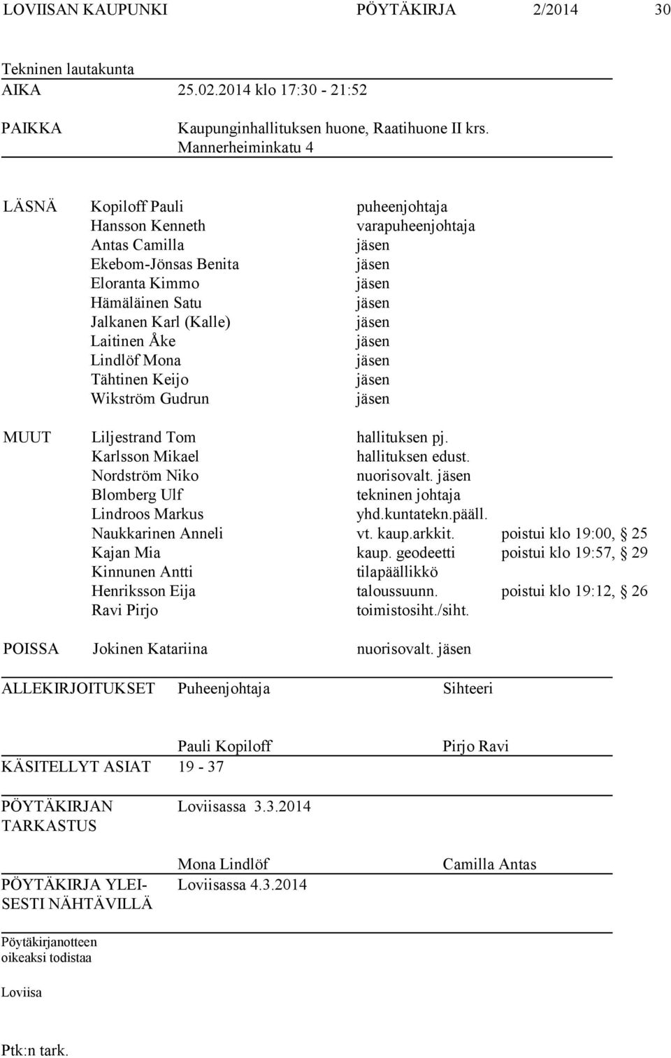 jäsen Laitinen Åke jäsen Lindlöf Mona jäsen Tähtinen Keijo jäsen Wikström Gudrun jäsen MUUT Liljestrand Tom hallituksen pj. Karlsson Mikael hallituksen edust. Nordström Niko nuorisovalt.