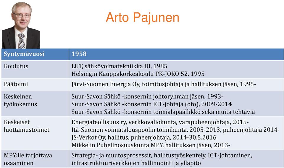 Sähkö -konsernin toimialapäällikkö sekä muita tehtäviä Energiateollisuus ry, verkkovaliokunta, varapuheenjohtaja, 2015- Itä-Suomen voimatalouspoolin toimikunta, 2005-2013, puheenjohtaja 2014-