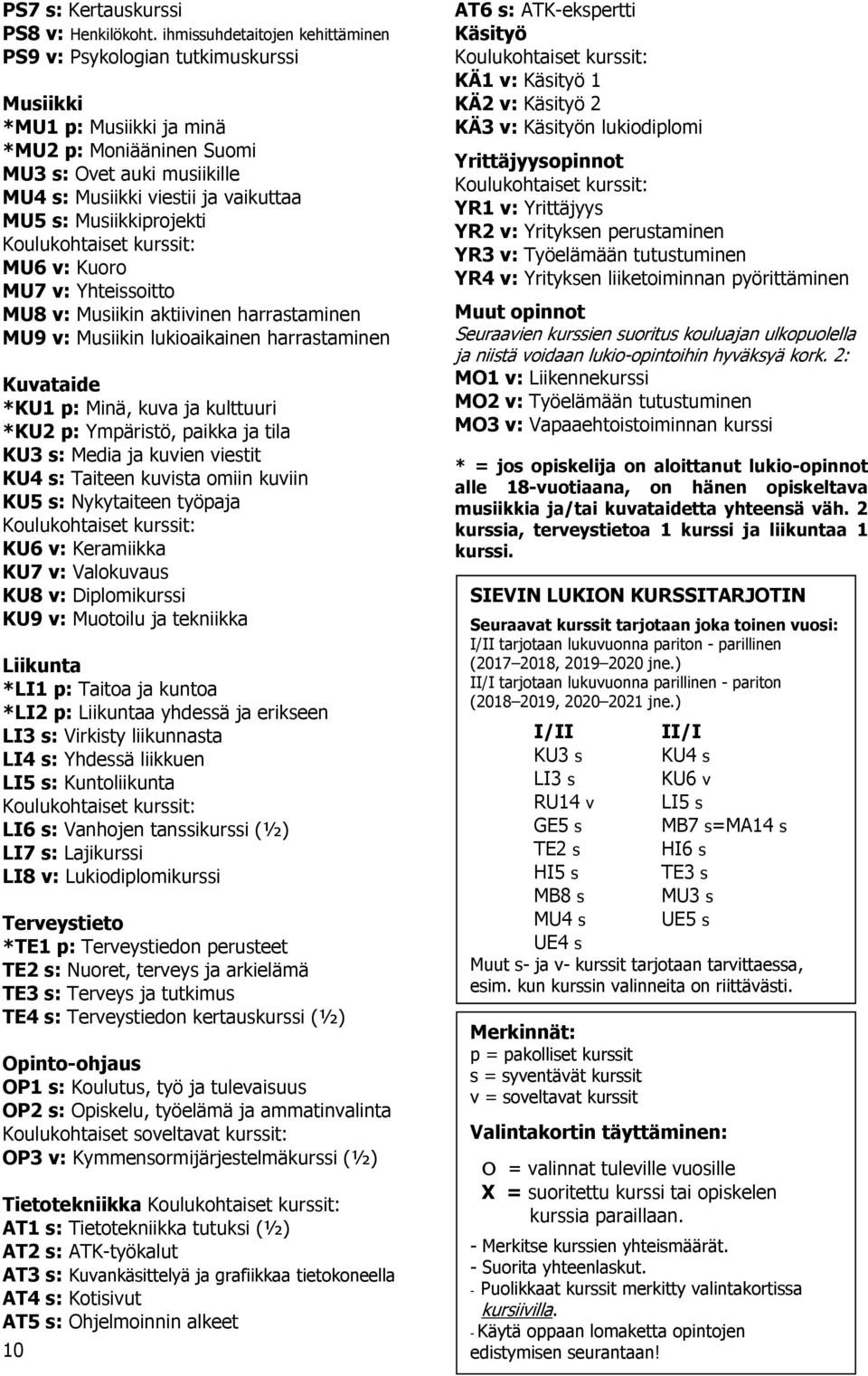 Musiikkiprojekti Koulukohtaiset kurssit: MU6 v: Kuoro MU7 v: Yhteissoitto MU8 v: Musiikin aktiivinen harrastaminen MU9 v: Musiikin lukioaikainen harrastaminen Kuvataide *KU1 p: Minä, kuva ja