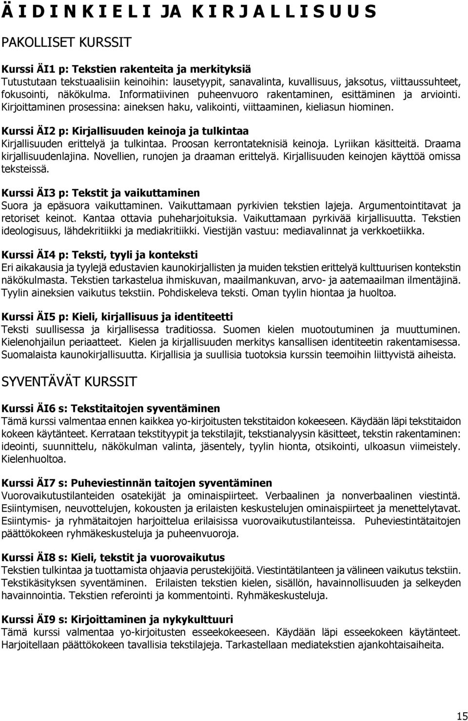 Kirjoittaminen prosessina: aineksen haku, valikointi, viittaaminen, kieliasun hiominen. Kurssi ÄI2 p: Kirjallisuuden keinoja ja tulkintaa Kirjallisuuden erittelyä ja tulkintaa.