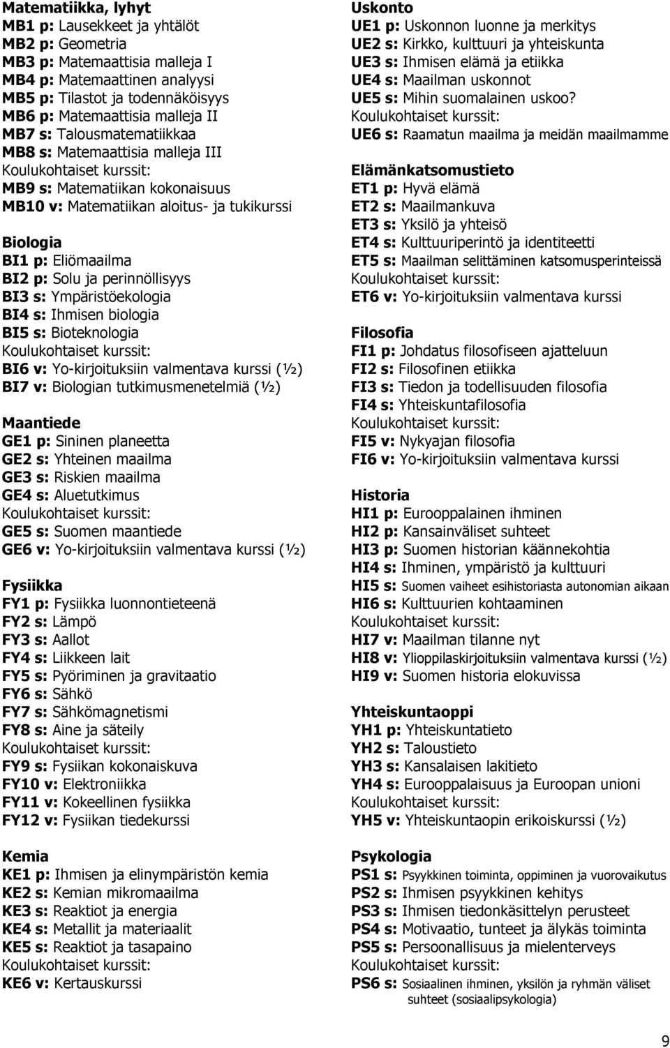 perinnöllisyys BI3 s: Ympäristöekologia BI4 s: Ihmisen biologia BI5 s: Bioteknologia Koulukohtaiset kurssit: BI6 v: Yo-kirjoituksiin valmentava kurssi (½) BI7 v: Biologian tutkimusmenetelmiä (½)