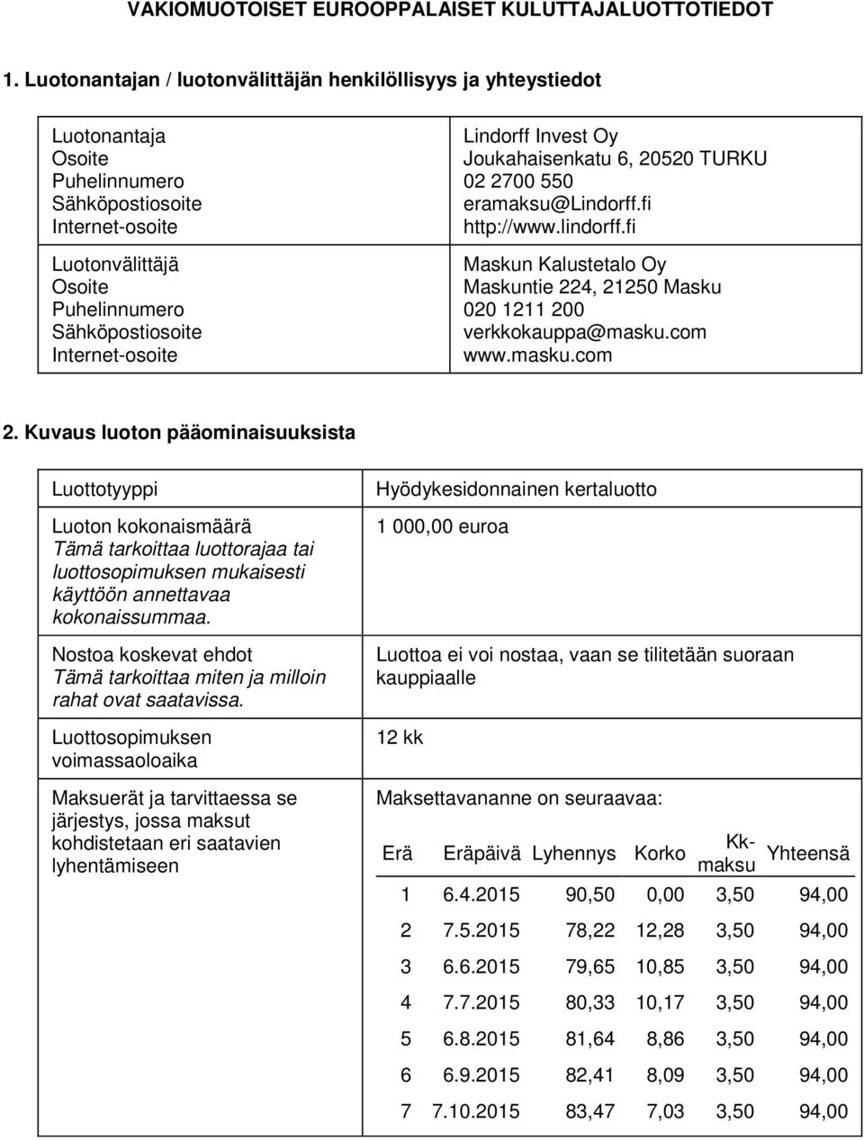 Invest Oy Joukahaisenkatu 6, 20520 TURKU 02 2700 550 eramaksu@lindorff.fi http://www.lindorff.fi Maskun Kalustetalo Oy Maskuntie 224, 21250 Masku 020 1211 200 verkkokauppa@masku.com www.masku.com 2.