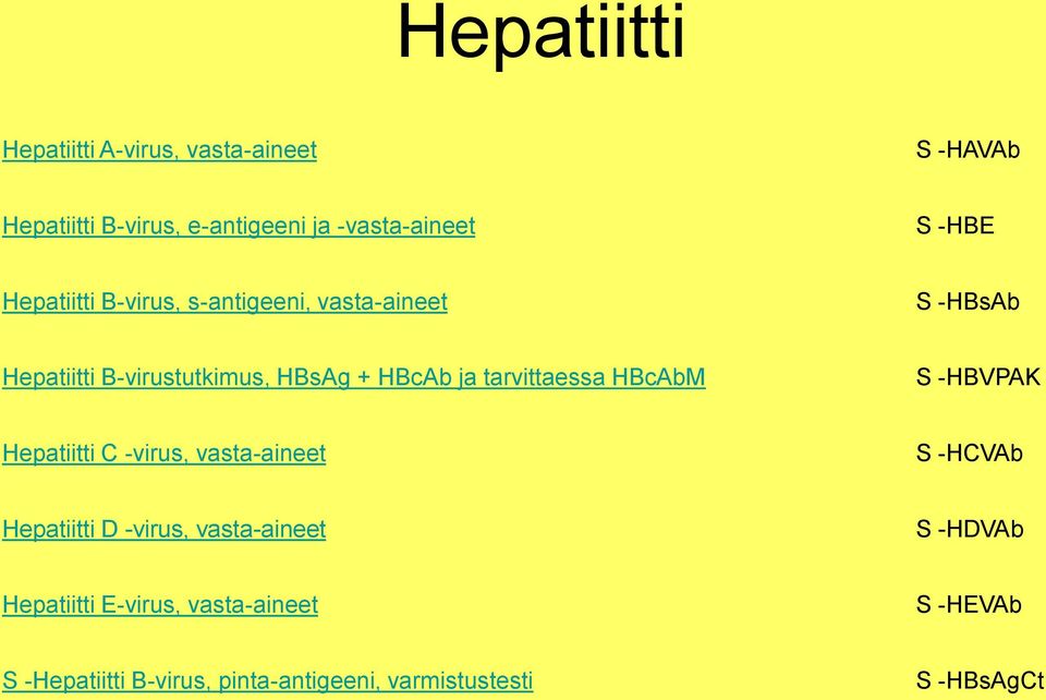 tarvittaessa HBcAbM S -HBVPAK Hepatiitti C -virus, vasta-aineet S -HCVAb Hepatiitti D -virus, vasta-aineet