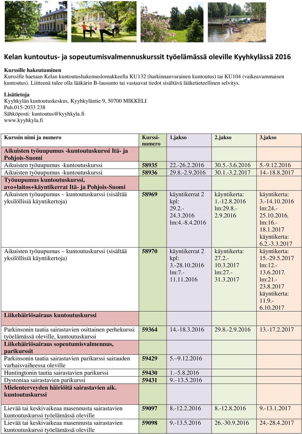 015-2033 238 Sähköposti: kuntoutus@kyyhkyla.fi www.kyyhkyla.fi Kurssin nimi ja numero Kurssinumero 1.jakso 2.jakso 3.jakso Aikuisten työuupumus - Itä- ja Pohjois-Suomi Aikuisten työuupumus - 58935 22.