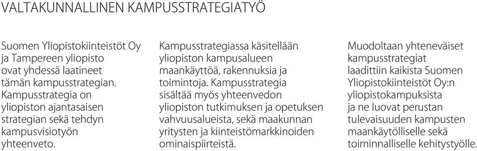 Kampusstrategiassa käsitellään yliopiston kampusalueen maankäyttöä, rakennuksia ja toimintoja.