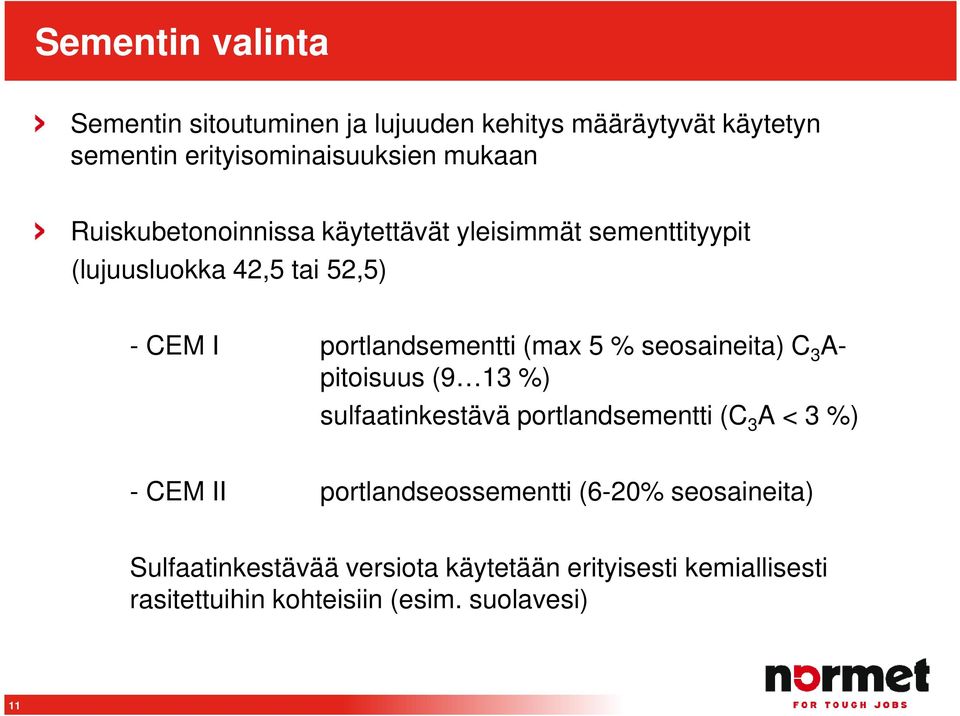 seosaineita) C 3 A- pitoisuus (9 13 %) sulfaatinkestävä portlandsementti (C 3 A < 3 %) - CEM II portlandseossementti