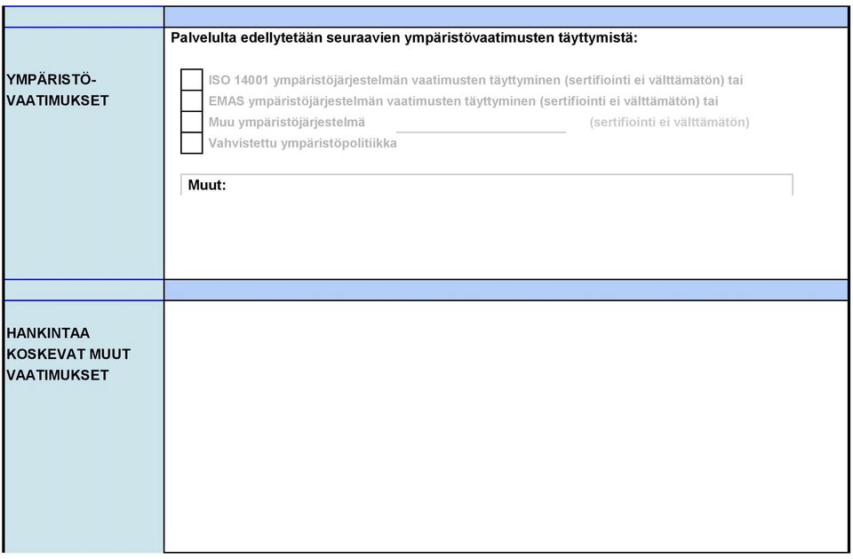 ympäristöjärjestelmän vaatimusten täyttyminen (sertifiointi ei välttämätön) tai Muu