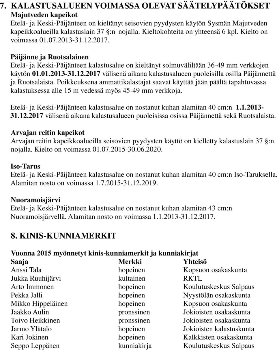 01.2013-31.12.2017 välisenä aikana kalastusalueen puoleisilla osilla Päijännettä ja Ruotsalaista.