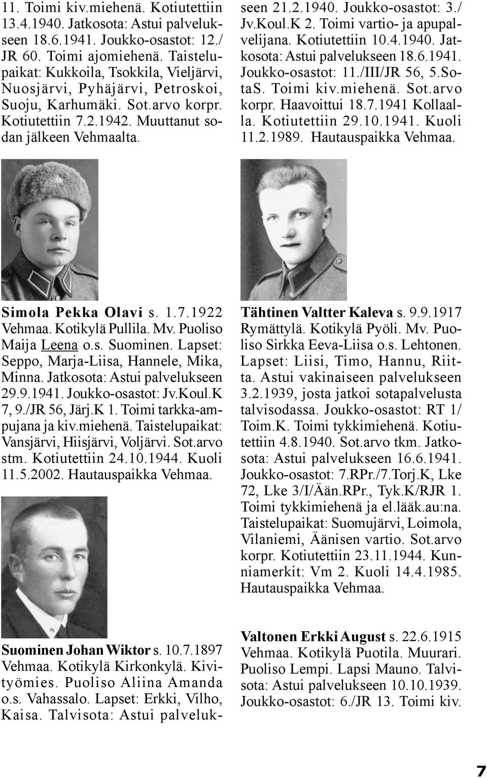 7.1897 Kotikylä Kirkonkylä. Kivityömies. Puoliso Aliina Amanda o.s. Vahassalo. Lapset: Erkki, Vilho, Kaisa. Talvisota: Astui palvelukseen 21.2.1940. Joukko-osastot: 3./ Jv.Koul.K 2.