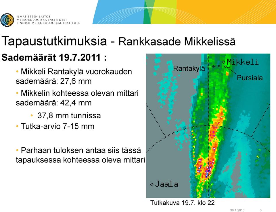 mittari sademäärä: 42,4 mm 37,8 mm tunnissa Tutka-arvio 7-15 mm Rantakylä