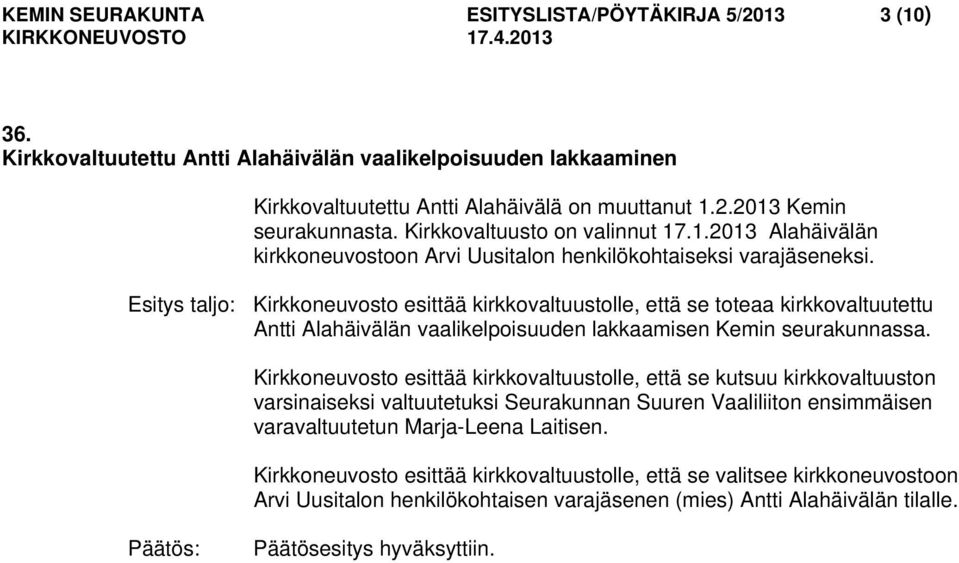 Esitys taljo: Kirkkoneuvosto esittää kirkkovaltuustolle, että se toteaa kirkkovaltuutettu Antti Alahäivälän vaalikelpoisuuden lakkaamisen Kemin seurakunnassa.