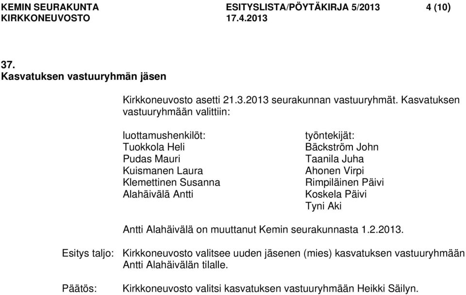 Bäckström John Taanila Juha Ahonen Virpi Rimpiläinen Päivi Koskela Päivi Tyni Aki Antti Alahäivälä on muuttanut Kemin seurakunnasta 1.2.2013.