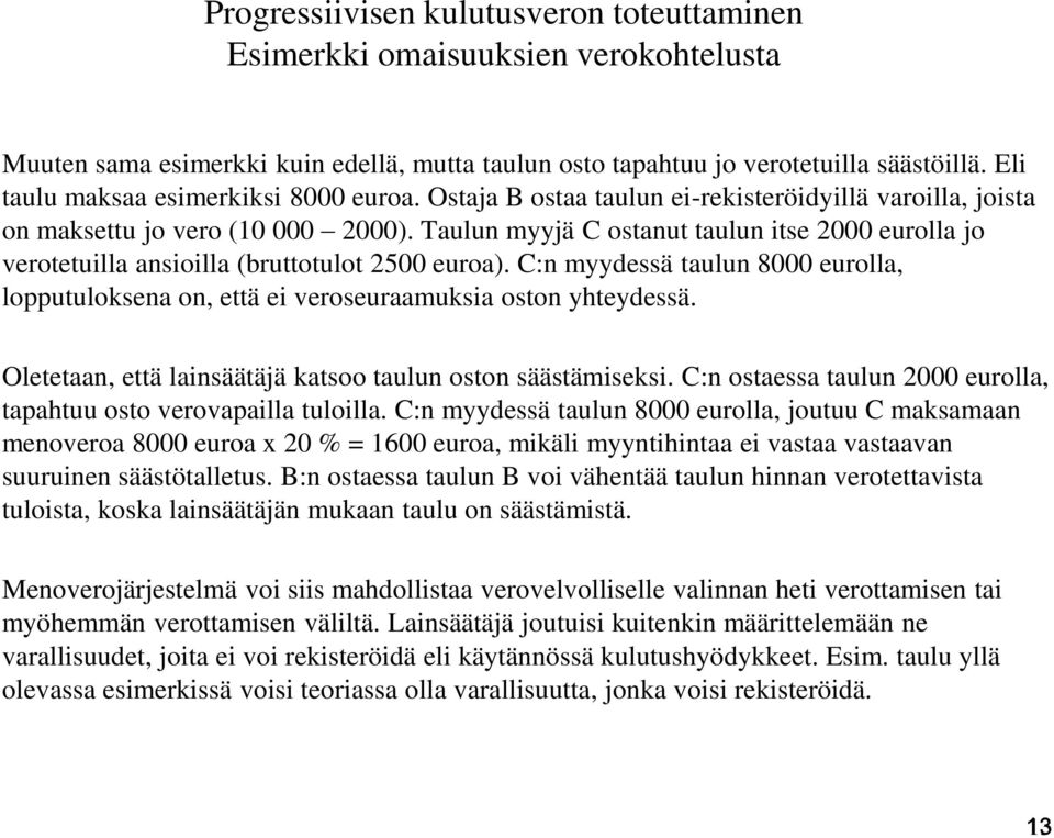 Taulun myyjä C ostanut taulun itse 2000 eurolla jo verotetuilla ansioilla (bruttotulot 2500 euroa). C:n myydessä taulun 8000 eurolla, lopputuloksena on, että ei veroseuraamuksia oston yhteydessä.