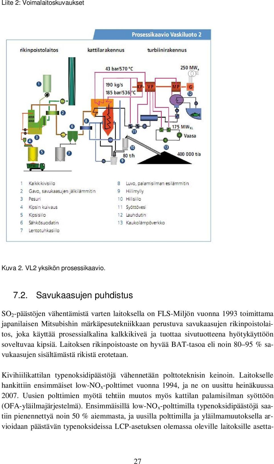 VL2 yksikön prosessikaavio. 7.2. Savukaasujen puhdistus SO 2 -päästöjen vähentämistä varten laitoksella on FLS-Miljön vuonna 1993 toimittama japanilaisen Mitsubishin märkäpesutekniikkaan perustuva