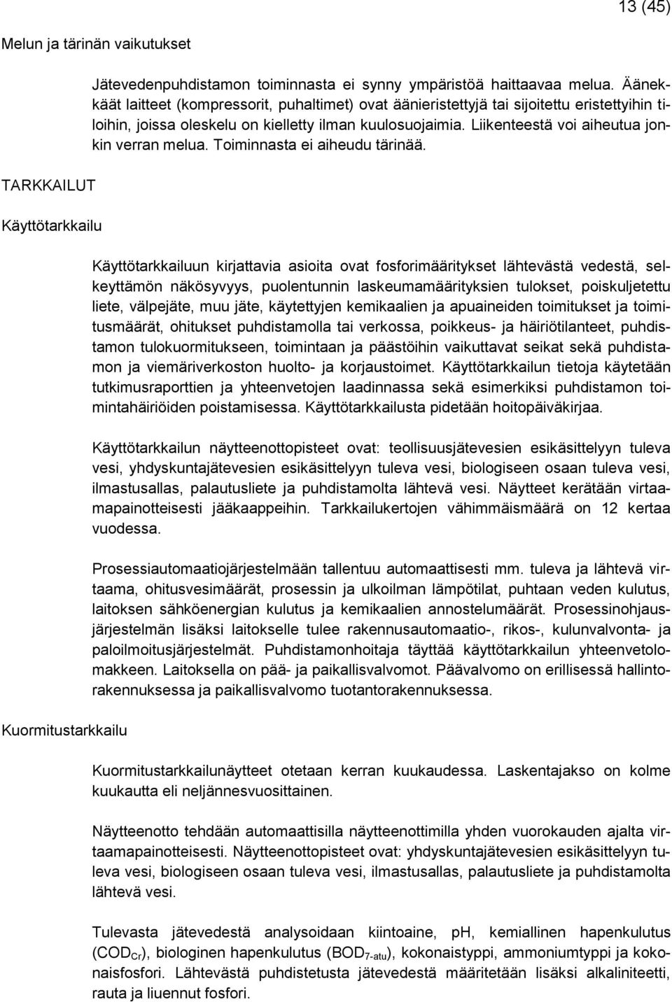 Liikenteestä voi aiheutua jonkin verran melua. Toiminnasta ei aiheudu tärinää.