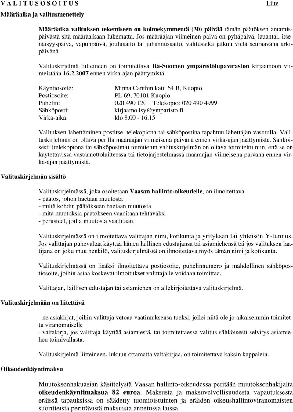 Valituskirjelmä liitteineen on toimitettava Itä-Suomen ympäristölupaviraston kirjaamoon viimeistään 16.2.2007 ennen virka-ajan päättymistä.