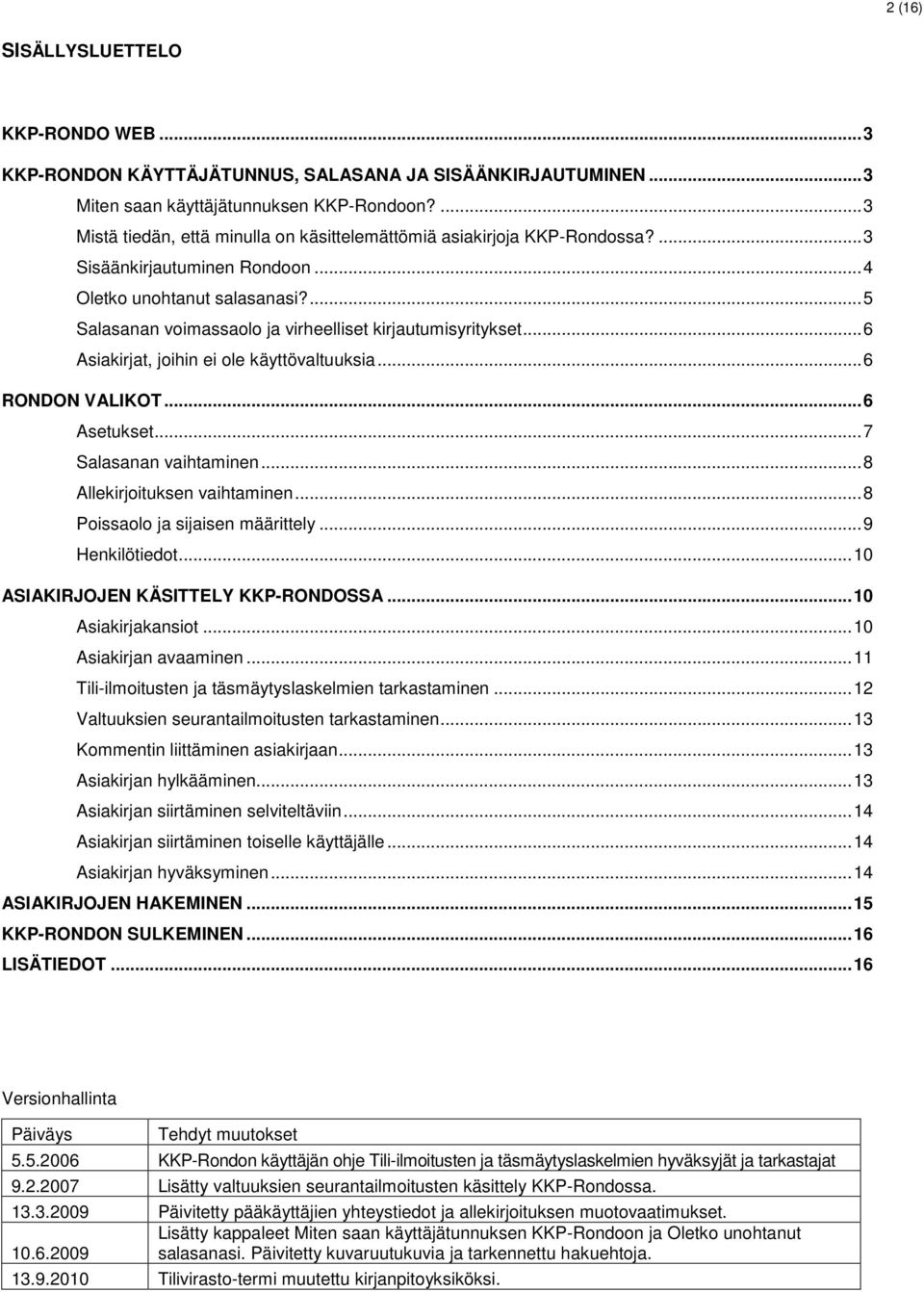 ... 5 Salasanan voimassaolo ja virheelliset kirjautumisyritykset... 6 Asiakirjat, joihin ei ole käyttövaltuuksia... 6 RONDON VALIKOT... 6 Asetukset... 7 Salasanan vaihtaminen.