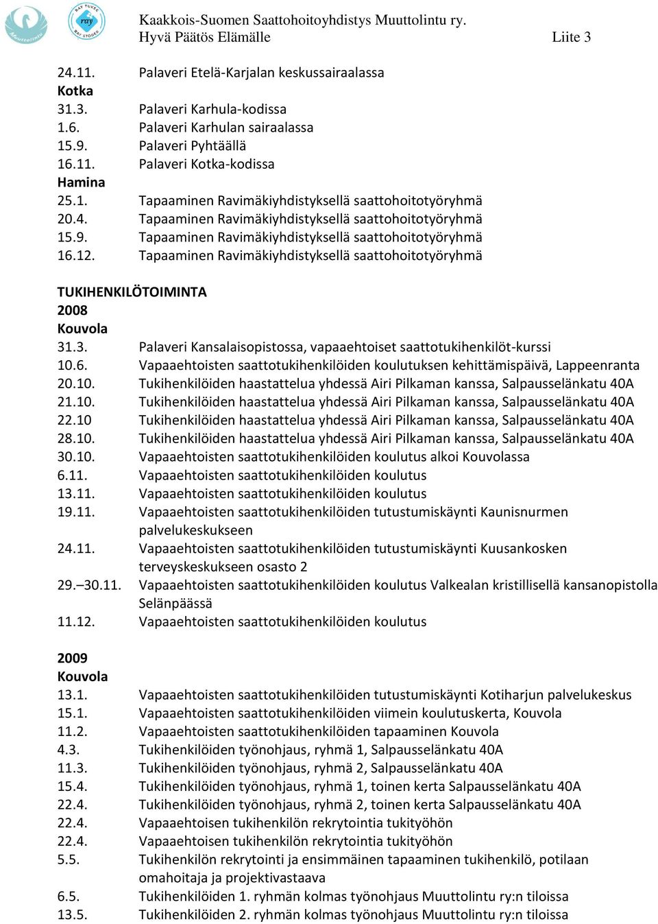 .3. Palaveri Kansalaisopistossa, vapaaehtoiset saattotukihenkilöt-kurssi 10.6. Vapaaehtoisten saattotukihenkilöiden koulutuksen kehittämispäivä, 20.10. Tukihenkilöiden haastattelua yhdessä Airi Pilkaman kanssa, Salpausselänkatu 40A 21.