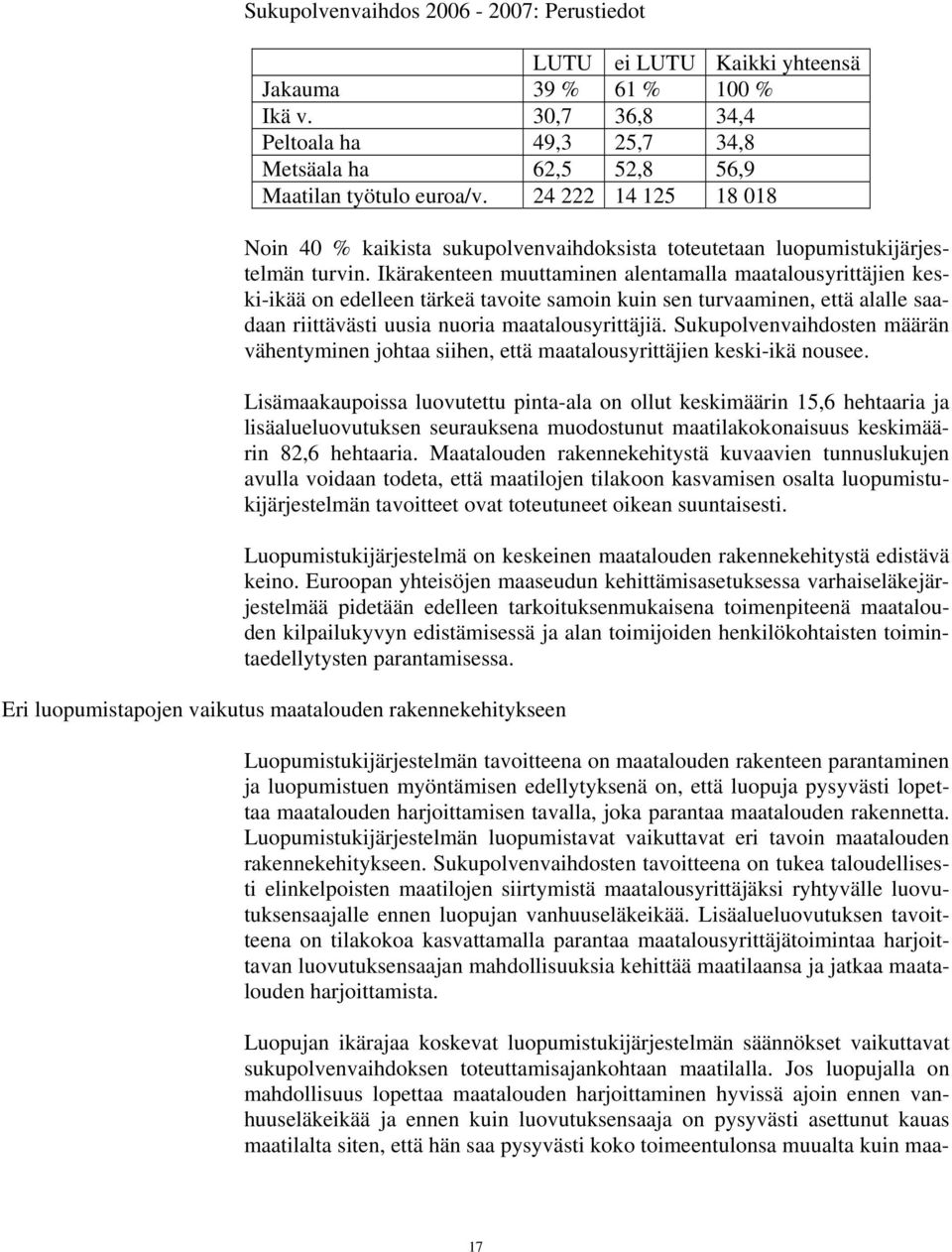 Ikärakenteen muuttaminen alentamalla maatalousyrittäjien keski-ikää on edelleen tärkeä tavoite samoin kuin sen turvaaminen, että alalle saadaan riittävästi uusia nuoria maatalousyrittäjiä.