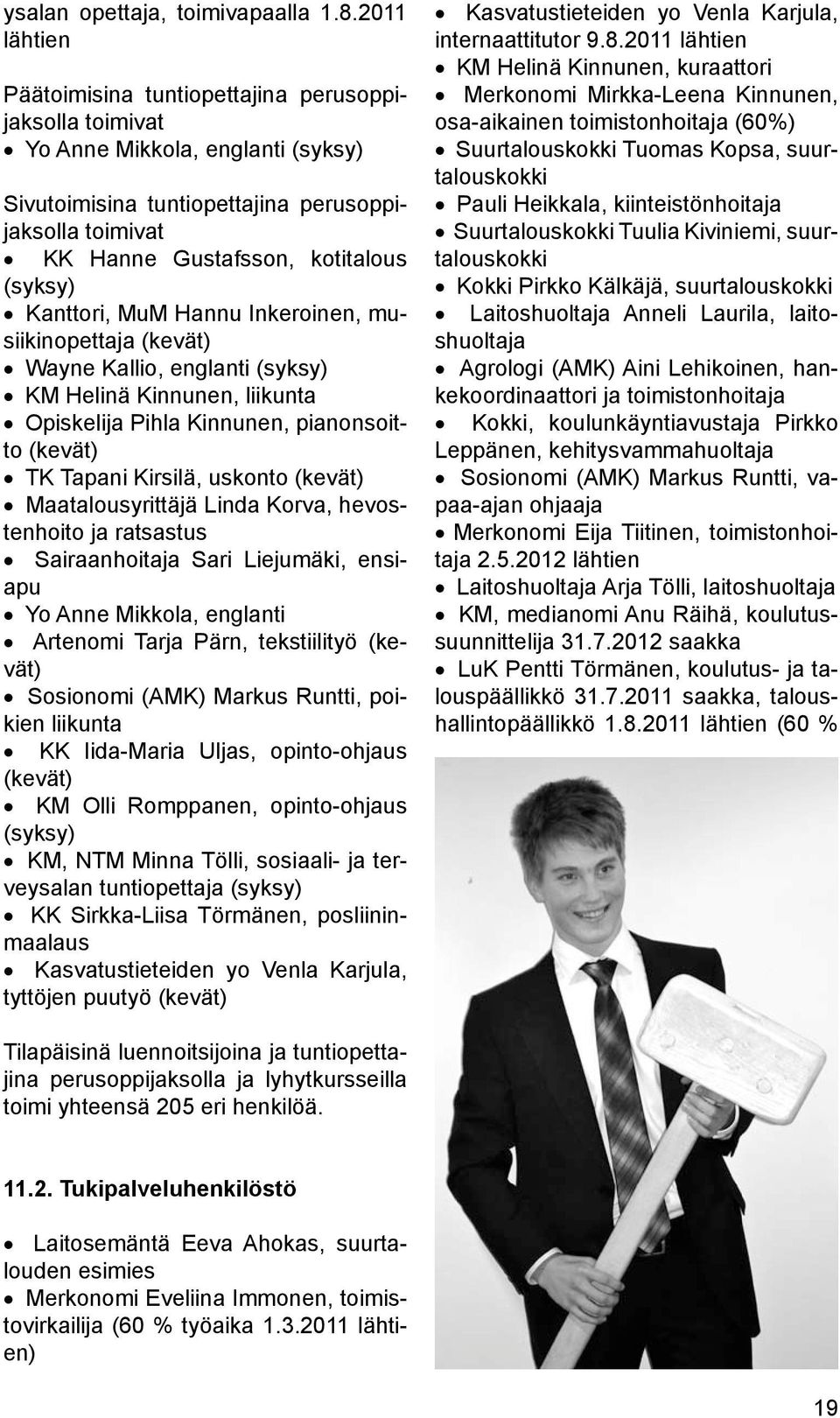 Kanttori, MuM Hannu Inkeroinen, musiikinopettaja (kevät) Wayne Kallio, englanti (syksy) KM Helinä Kinnunen, liikunta Opiskelija Pihla Kinnunen, pianonsoitto (kevät) TK Tapani Kirsilä, uskonto (kevät)