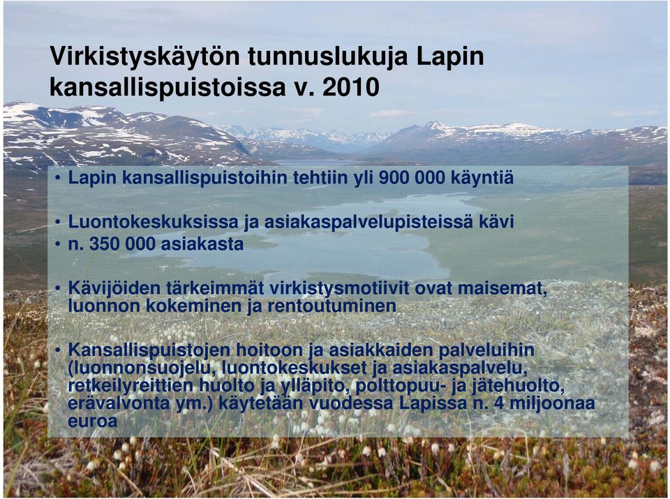 350 000 asiakasta Kävijöiden tärkeimmät virkistysmotiivit ovat maisemat, luonnon kokeminen ja rentoutuminen Kansallispuistojen