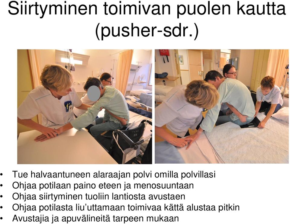 paino eteen ja menosuuntaan Ohjaa siirtyminen tuoliin lantiosta