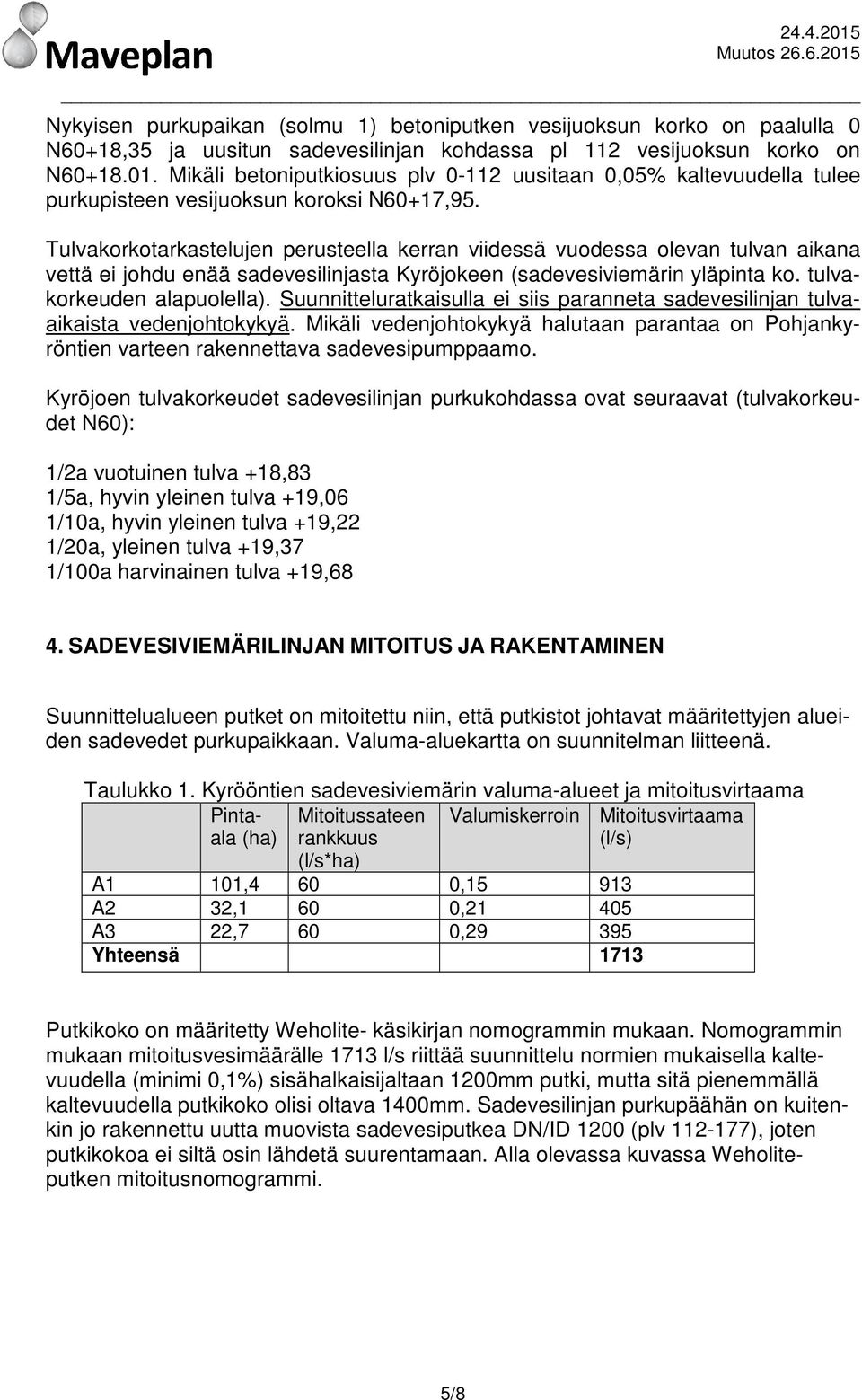 Tulvakorkotarkastelujen perusteella kerran viidessä vuodessa olevan tulvan aikana vettä ei johdu enää sadevesilinjasta Kyröjokeen (sadevesiviemärin yläpinta ko. tulvakorkeuden alapuolella).