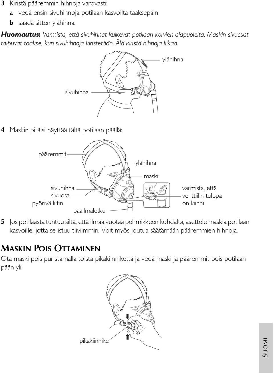 ylähihna sivuhihna 4 Maskin pitäisi näyttää tältä potilaan päällä: pääremmit ylähihna sivuhihna sivuosa pyörivä liitin pääilmaletku maski varmista, että venttiilin tulppa on kiinni 5 Jos