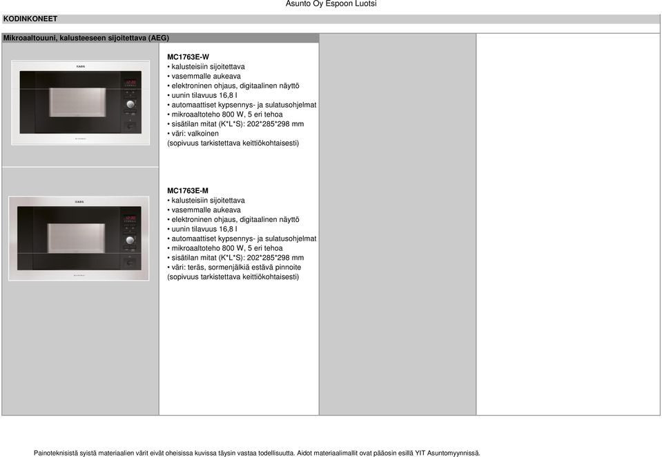 tarkistettava keittiökohtaisesti) MC1763E-M kalusteisiin sijoitettava vasemmalle aukeava elektroninen ohjaus, digitaalinen näyttö uunin tilavuus 16,8 l automaattiset