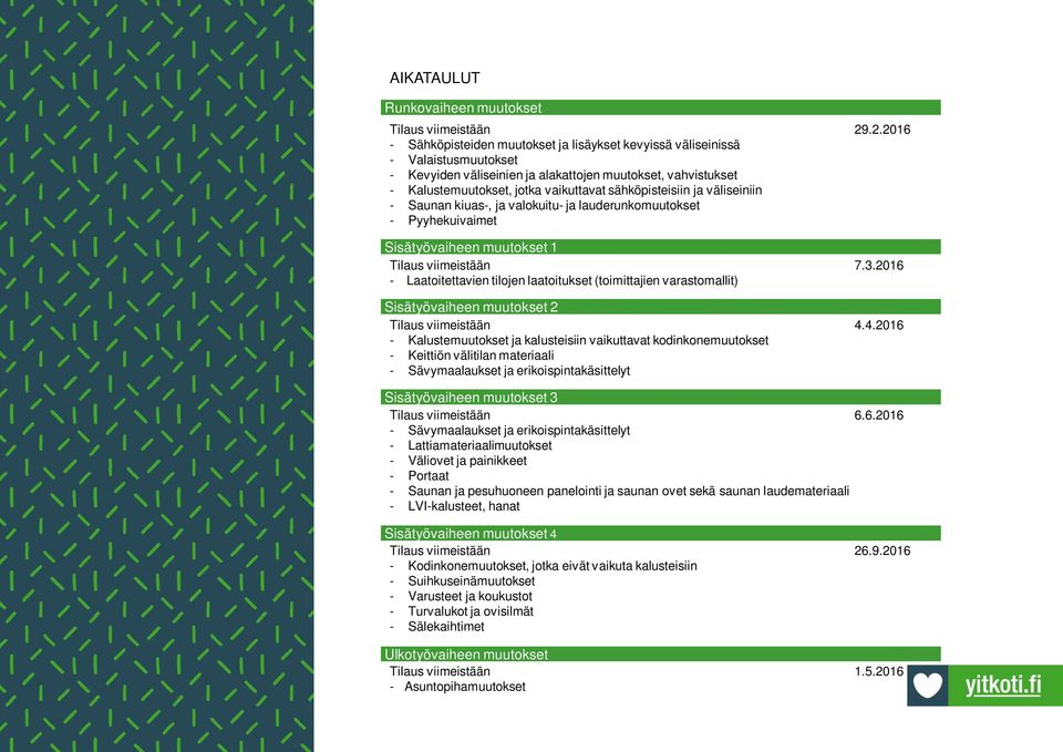 sähköpisteisiin ja väliseiniin - Saunan kiuas-, ja valokuitu- ja lauderunkomuutokset - Pyyhekuivaimet Sisätyövaiheen muutokset 1 Tilaus viimeistään 7.3.