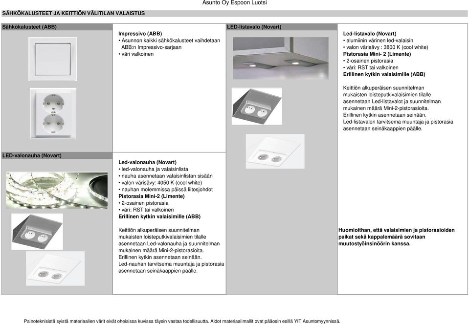 (ABB) Keittiön alkuperäisen suunnitelman mukaisten loisteputkivalaisimien tilalle asennetaan Led-listavalot ja suunnitelman mukainen määrä Mini-2-pistorasioita. Erillinen kytkin asennetaan seinään.