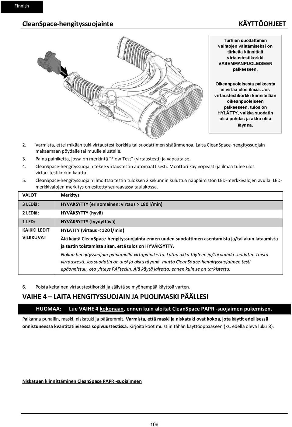 Varmista, ettei mikään tuki virtaustestikorkkia tai suodattimen sisäänmenoa. Laita CleanSpace-hengityssuojain makaamaan pöydälle tai muulle alustalle. 3.