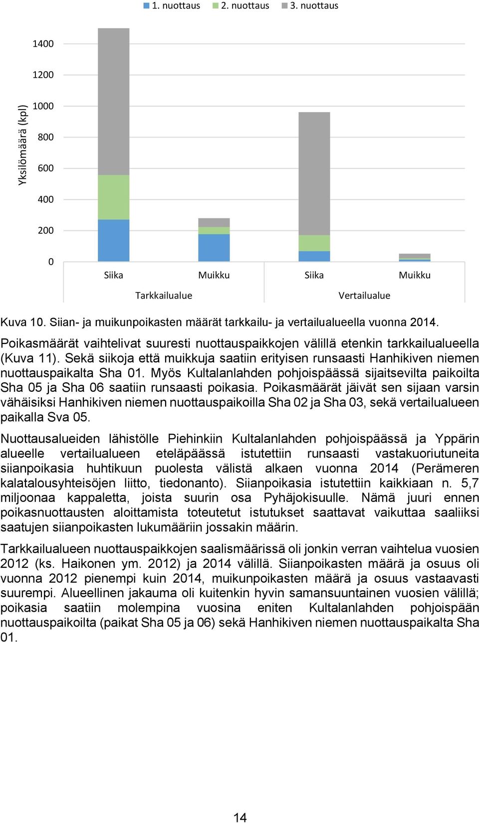 Sekä siikoja että muikkuja saatiin erityisen runsaasti Hanhikiven niemen nuottauspaikalta Sha 01. Myös Kultalanlahden pohjoispäässä sijaitsevilta paikoilta Sha 05 ja Sha 06 saatiin runsaasti poikasia.