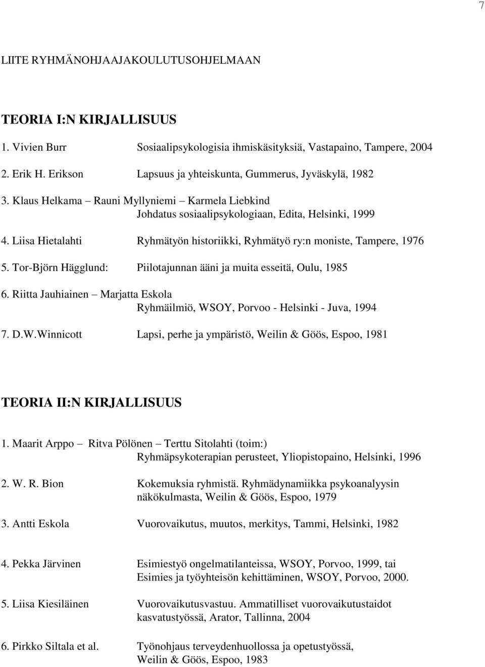 Liisa Hietalahti Ryhmätyön historiikki, Ryhmätyö ry:n moniste, Tampere, 1976 5. Tor-Björn Hägglund: Piilotajunnan ääni ja muita esseitä, Oulu, 1985 6.