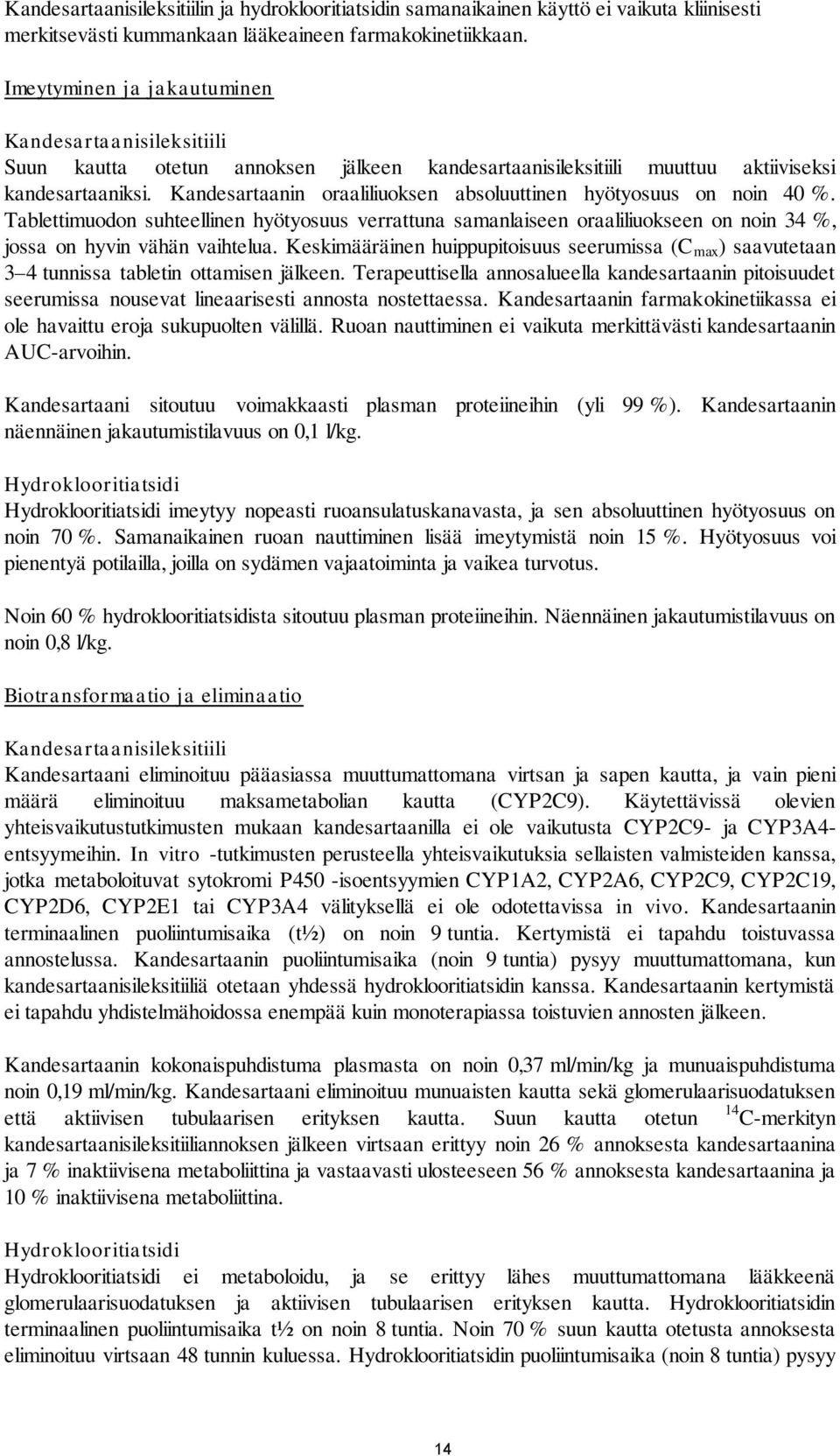 Kandesartaanin oraaliliuoksen absoluuttinen hyötyosuus on noin 40 %. Tablettimuodon suhteellinen hyötyosuus verrattuna samanlaiseen oraaliliuokseen on noin 34 %, jossa on hyvin vähän vaihtelua.