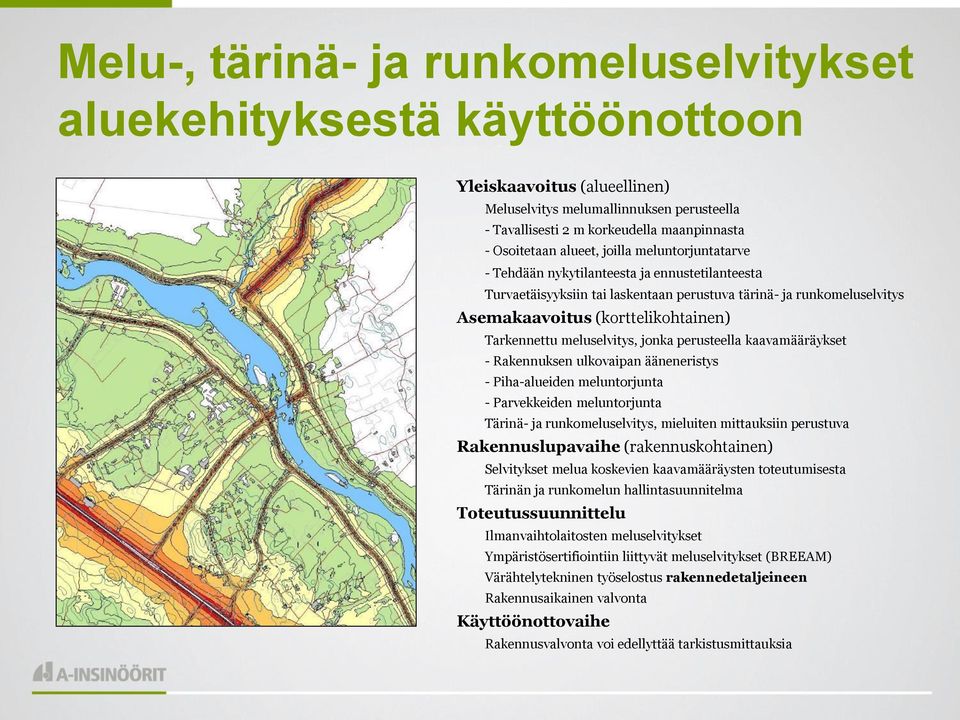 Tarkennettu meluselvitys, jonka perusteella kaavamääräykset - Rakennuksen ulkovaipan ääneneristys - Piha-alueiden meluntorjunta - Parvekkeiden meluntorjunta Tärinä- ja runkomeluselvitys, mieluiten