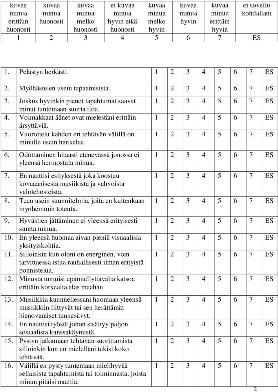 En nauttisi esityksestä joka koostuu kovaäänisestä musiikista ja vahvoista valotehosteista. 8. Teen usein suunnitelmia, joita en kuitenkaan myöhemmin toteuta. 9.