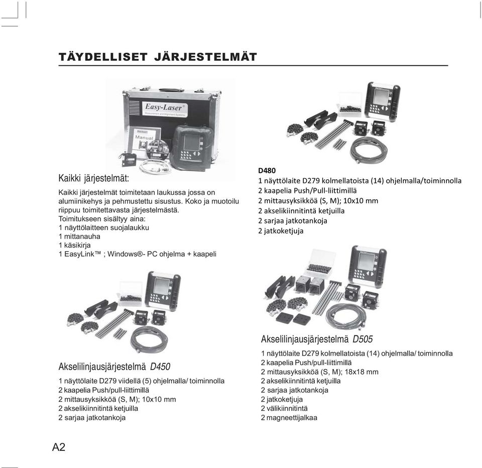 kaapelia Push/Pull-liittimillä 2 mittausyksikköä (S, M); 10x10 mm 2 akselikiinnitintä ketjuilla 2 sarjaa jatkotankoja 2 jatkoketjuja Akselilinjausjärjestelmä D450 1 näyttölaite D279 viidellä (5)