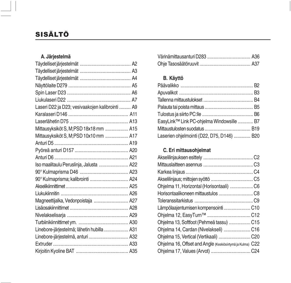 .. A19 Pyöreä anturi D157... A20 Anturi D6... A21 Iso maalitaulu Peruslinja, Jalusta... A22 90 Kulmaprisma D46... A23 90 Kulmaprisma; kalibrointi... A24 Akselikiinnittimet... A25 Liukukiinnitin.