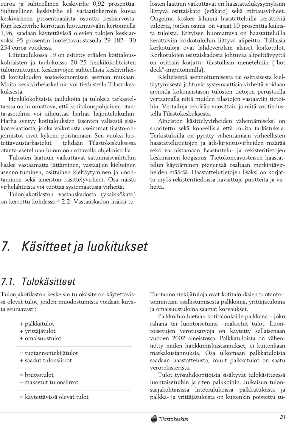 Liitetaulukossa 19 on esitetty eräiden kotitalouskohtaisten ja taulukoissa 20 25 henkilökohtaisten tulomuuttujien keskiarvojen suhteellisia keskivirheitä kotitalouden sosioekonomisen aseman mukaan.